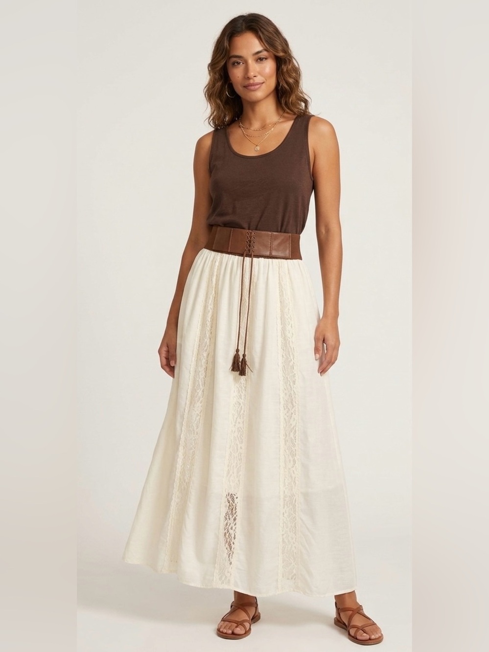 Cream Lace-Panel Maxi Skirt